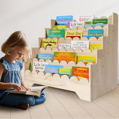 5 Tier Large Kids Scalloped Bookshelf Wooden Scalloped Shelf Children Montessori Bookshelf for Kids Room Toddler BookShelves Scalloped Children BookShelves for Nursery ClassRoom LivingRoom