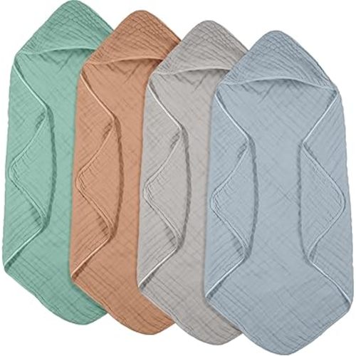 Peryiter 4 Pcs Muslin Hooded Baby Towels, 32x 32'' Cotton Newborn Bath Towel Muslin Infant Baby Blankets Absorbent Unisex Christmas Registry Gift Essentials for Girls Boys (Green,Gray,Rust,Blue)