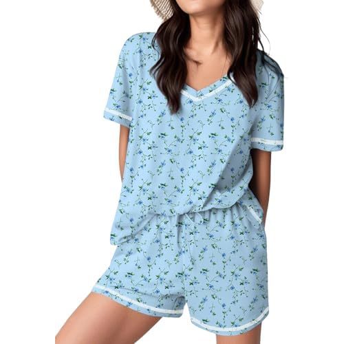 Ekouaer Womens Pajamas Sets Soft 100% Cotton Pjs Short Sleeve Lounge Sets Casual Two Piece Pjs With Pockets