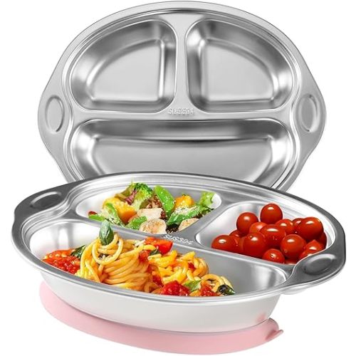 Stainless Steel Baby Suction Plates: Divided Plates Designed for Babies and Toddlers, Made of 100% Food-Grade Materials Ideal for Baby-Led Weaning BPA-Free Toddler Feeding Dishwasher Safe PINK