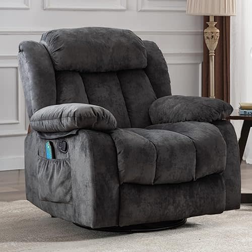 INZOY Massage Swivel Rocker Recliner with Heat and Vibration, Soft Manual Rocking Recliner Chair with Vibrating Massage, Comfy Padded Overstuffed Fabric Heated Recliner, Grey