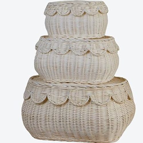 Scalloped Basket with Lid Set of 3,Storage Boxes for Shelves,Decorative Storage Boxes With Lids,Rattan Storage, Shelf Baskets Set for Organizer