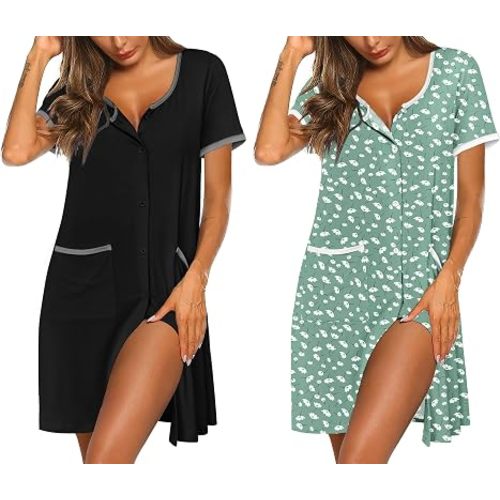 Ekouaer Nightgowns for Women 2 Pack Button Down Sleep Shirts Short Sleeve Nightshirt Sleepwear House Dress with Pockets