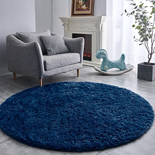 FJZFING Navy Blue Round Rug Ultra-Soft Plush Modern 4x4 Circle Area Rug for Kid's Bedroom, Fluffy Shag Circular Rug for Nursery Room, Non-Slip Home Decor Cute Navy Blue Carpet for Teen's Room