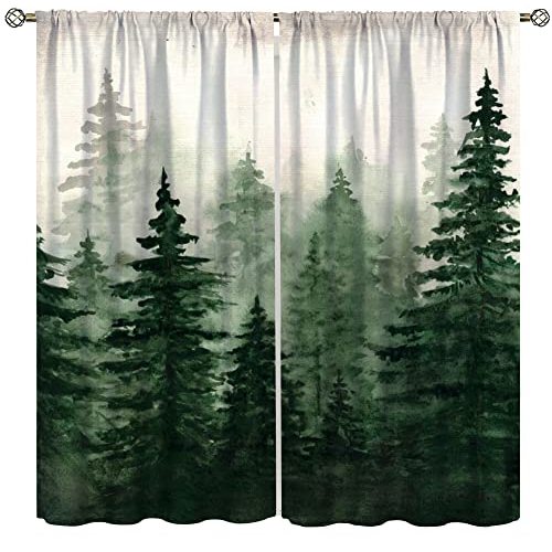 Misty Forest Curtains, Watercolor Abstract Forest Pine Trees Green Plants Natural Landscape Bedroom Living Room Window Curtains 42x45 Inch