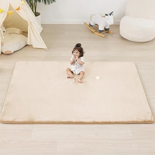 1.3" Thick Baby Floor Play Mat 71x79, Basic Padded Foam Mat for Tummy Time Crawling, Non Slip Cushioned for Babies Toddlers Infants Kids (Beige)