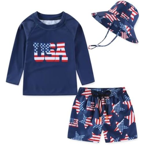Baby Toddler Boys UPF 50+ Rashguard Set Swimsuit with Sun Hat Bathing Suit Swimwear for Beach Pool Sun Protection