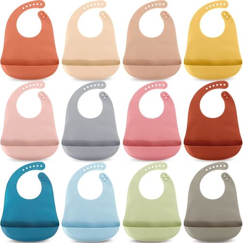 Mepase 12 Pcs Silicone Bibs Waterproof Silicone Baby Bibs Soft Adjustable Baby Feeding Unisex Baby Eating Supplies(Fresh Color)