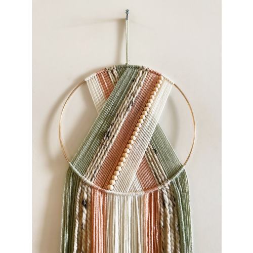 Light Green and Pink Beaded Yarn Hoop Wall Hanging / Macrame Wall Hanging / Nursery and Dorm Decor / Modern Dreamcatcher