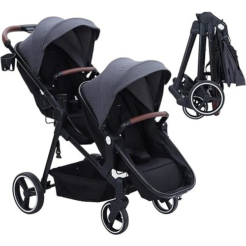 GAOMON Double Stroller Track Tandem Stroller for Infant and Toddler, Foldable Pushchair Bassinet Pram, Multi-Position Reversible & Adjustable Backrest, Large Storage Basket and Canopy, Gray