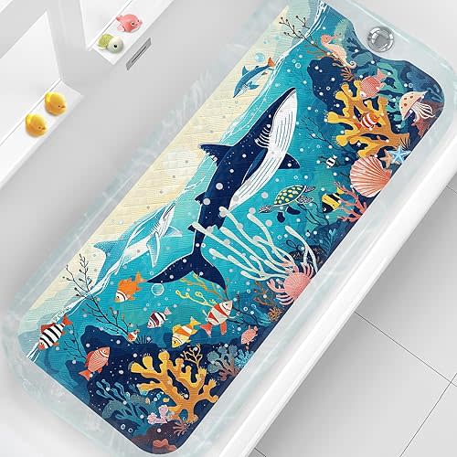 XIYUNTE Kids Bath Mat for Tub Non Slip - 40''x16'' Bathtub Mat Non Slip for Kids and Adult, Safety Baby Bath Mat for Tub with Suction Cups and Drain Holes, Machine Washable Bath Tub Mat, Whale-1