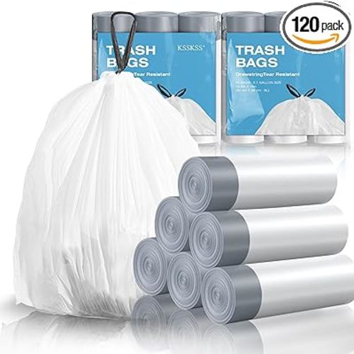 120 Counts 1.6 Gallon Mini Drawstring Trash Bags, Small Garbage Bags by KSSKSS, Code a fit 4.5-8 Liter, 1.2-2 Gal, White Trash Bin Liners for Home Office Kitchen Bathroom Bedroom