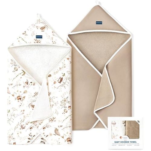 GRSSDER Baby Hooded Towel 2 Pack for Newborn, Super Soft Bath Towels with Original Designs, Ultra Absorbent Knit Terry, Large Toddler Towels with Hood for Boys Girls, Shower Gifts for Infant,34"x 34"