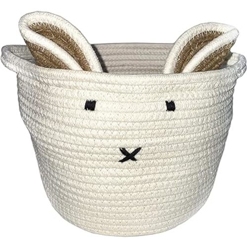 Levtex Baby - White Bunny Rope Storage Basket - Nursery Accessories - Measurements: (8 x 8 x 10in.)