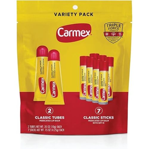 Carmex Classic Medicated Lip Balm Pack, Lip Moisturizer for Chapped Lips, 9-Count Variety Pack Bag (2 Tubes, 7 Sticks)