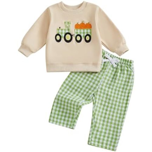 Toddler Baby Boy Halloween Outfit Pumpkin Truck Crewneck Sweatshirt Long Sleeve Shirt Plaid Pants Set Fall Clothes