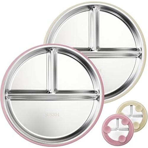 Stainless Steel Kids Plates with Suction, 9” Divided Baby Plates with Removable Silicone Sleeves, Non-Slip Toddler Plates Unbreakable Metal Toddler Bowls Dinnerware Set of 2 (Pink, Beige)