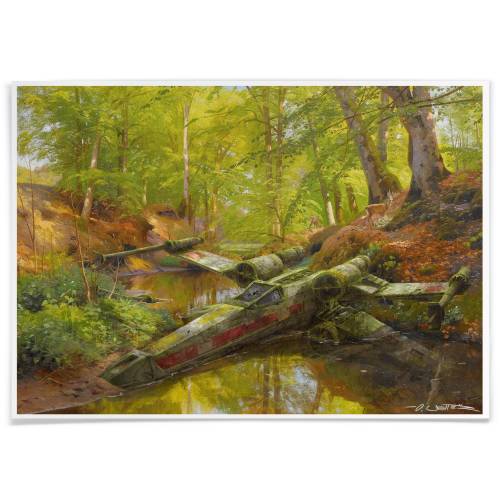 Art Print of XWing underneath trees, Poster Printed with Archival-Ink, Mashup Art Signed by the Artist