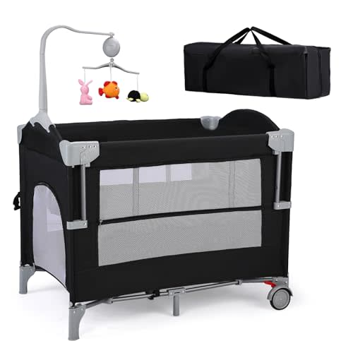 JOYMOR 4 in 1 Pack and Play, Baby Bedside Bassinet, Sturdy Play Yard with Padded Mat and Toy bar with Soft Toys