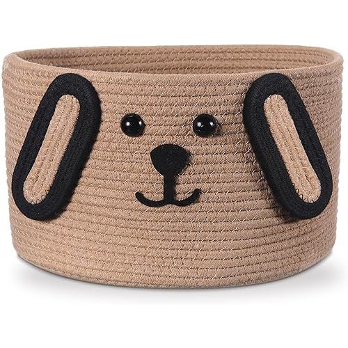 Zopeal Dog Woven Basket, 11.8" D x 6.7" H Toy Storage Organizer,Dog Mom Gift Empty,Cute Laundry Puppy Gift Animal Basket for Clothes,Towels, Toy, Laundry, Bathroom, Home(Khaki, Black)