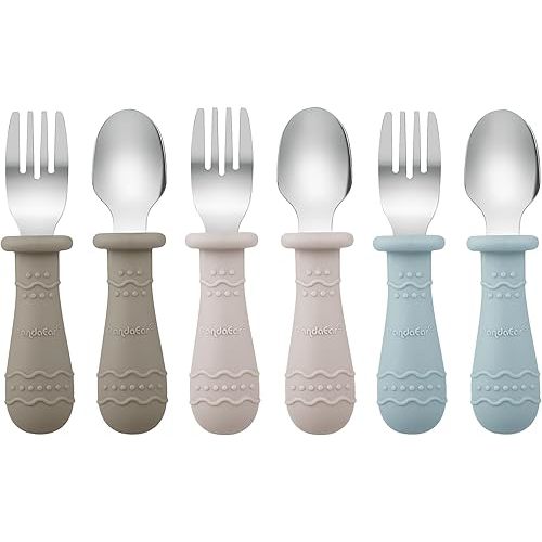 PandaEar Toddler Utensils, 6 Pack Kids Spoons and Forks, 18/8 Stainless Steel & Food Grade Silicone Children Silverware Set, Dishwasher Safe (Light Tan/Walnut/Blue)
