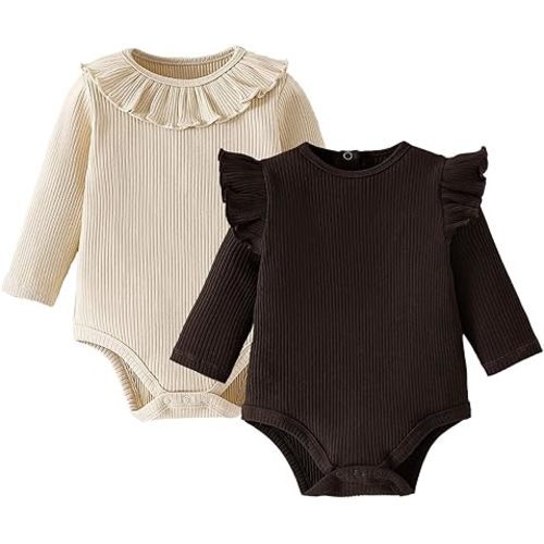 ROMPERINBOX Baby Girl Bodysuit 2 Pack, Long Sleeve Ribbed Knitted Onsies Ruffle Collar and Flutter Sleeve Fall Winter Clothes