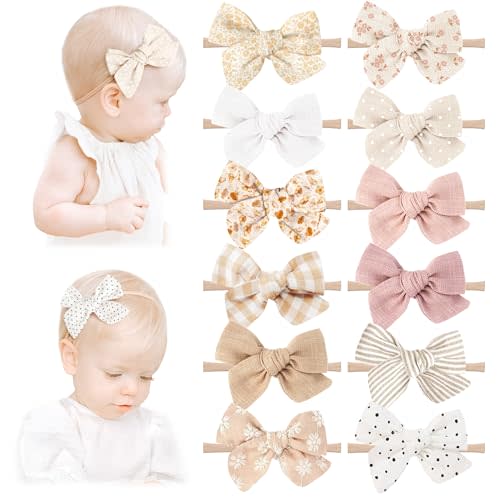 Niceye Handmade Hair Accessories: 12 Packs of Stretchy Nylon Headbands and Bows for Newborns, Infants, Toddler Girls