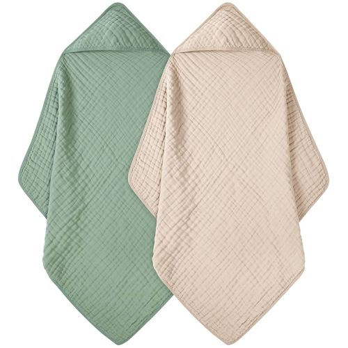 FIEMOL Baby Bath Towels, 100% Muslin Cotton Hooded Baby Towels for Newborn, Infant and Toddler, 2 Pack Soft and Absorbent Unisex Bath Essentials with Large 32x32Inch Size