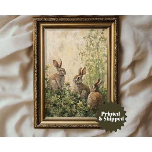 Muted Rabbits in Spring Print Vintage Style Bunny Wall Art | Cozy Cottage Spring Decor | PRINTED AND SHIPPED | No. A417
