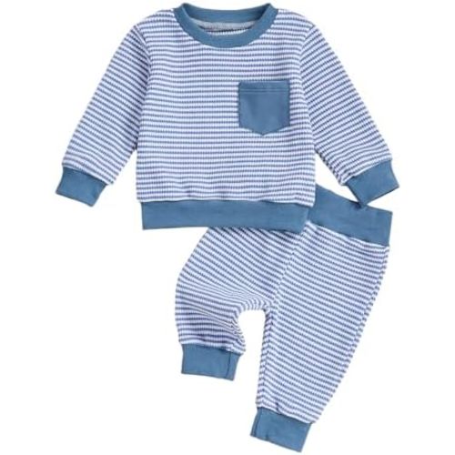 Baby Boy Toddler Fall Outfit Striped Sweatshirt Toddler Boy Winter Waffle Clothes 3 6 12 18 Months 2 3 T Pant Set