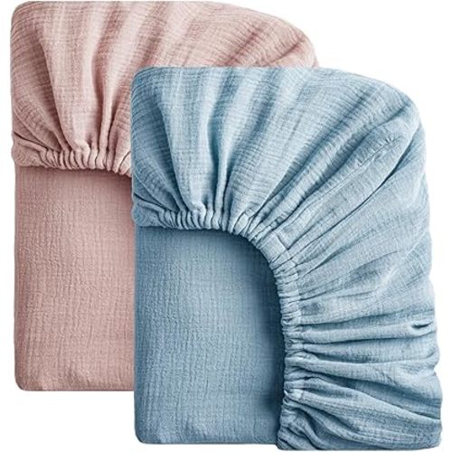 SOULFUL Muslin Crib Sheets for Boys Girls, 2 Pack Soft and Breathable Cotton Fitted Crib Sheets for Standard Crib Mattress (28"x 52", Blue & Dusty Rose)