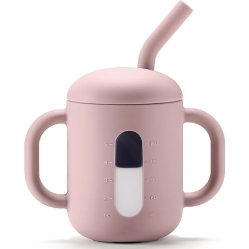 CLYMENE Silicone Training Cup with Straw & Handles | Baby Sippy Cup | Water Drinking Cup for Infants and Toddlers 6 Months+, 6 oz, Blush