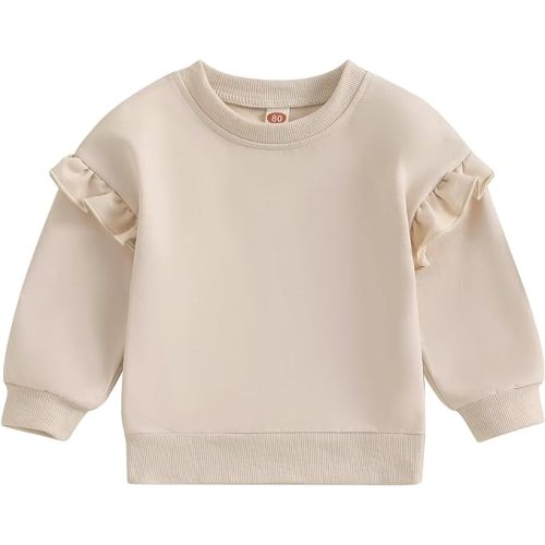 Baby Girl Casual Sweatshirts Toddler Trendy Solid Color Crew Neck Long Sleeve Pullovers Child Loose Top - Beige - 6-12 Months