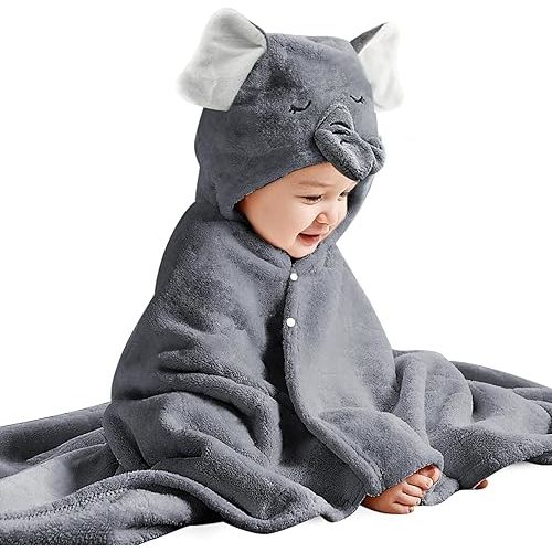 Toddler Bath Towel Baby Towels with Hood 27.5"X55" Ultra Absorbent Soft Bathrobe Blanket Kids Shower Towel for Girls and Boys(Gray Elephant)