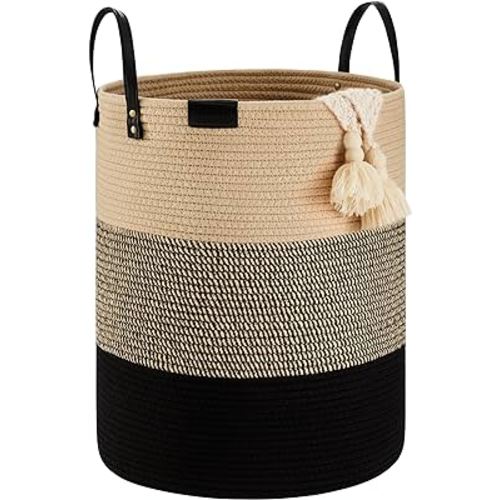 Cotton Rope Laundry Hamper by YOUDENOVA, 72L - Woven Collapsible Laundry Basket - Clothes Storage Basket for Blankets, Laundry Room Organizing, Bedroom Storage, Clothes Hamper – Brown & Black