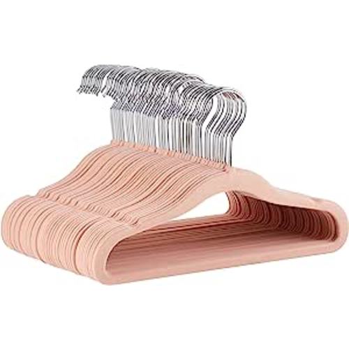 Amazon Basics Kids Velvet, Non-Slip Clothes Hangers for Infant and Toddler, 11.6 Inches (for baby clothes), Pack of 50, Blush