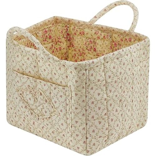 Boho Fabric Storage Basket Quilted Floral Print Baskets Organizer Bin with Handles for Home, Picnic, Shopping (Yellow, L)