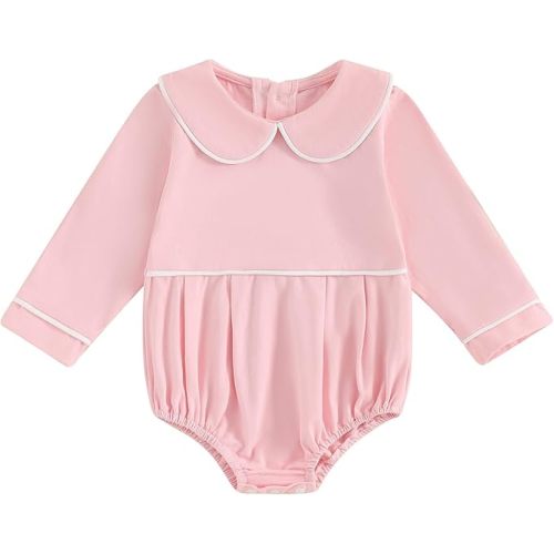 Lamuusaa Newborn Baby Girl Clothes Long Sleeve Doll Collar Romper One Piece Basic Solid Bodysuit Shirts Spring Outfit