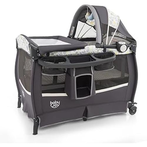 BABY JOY 4 in 1 Pack and Play, Portable Baby Playard with Bassinet & Flip-Away Changing Table, Canopy, Infant Bassinet Activity Center with Storage Basket, Oxford Bag from Newborn to Toddlers