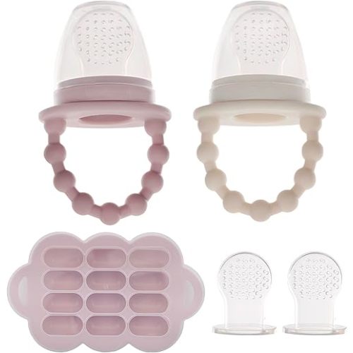 WeeSprout Silicone Baby Food Feeders + Freezer Tray for Batch Prep, Set of 2, Introduce New Foods Safely, Double as Teething Toys, Includes 2 Extra Pouches & Travel Lids, Dishwasher Safe