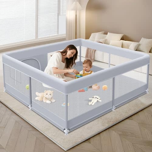 XVISHX Baby Playpen 50 x 50 Inch Play Pen Playards, Playpen for Babies and Toddlers, Baby Playard for Indoor & Outdoor Active Center Game Fence, with Skin-Friendly Fabric and Soft Breathable Mesh Grey
