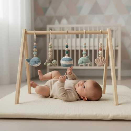 Handmade Custom Ocean Baby Gym | Personalized Wooden Play Gym with Crochet Sea Theme Toys | Neutral Montessori Nursery Decor