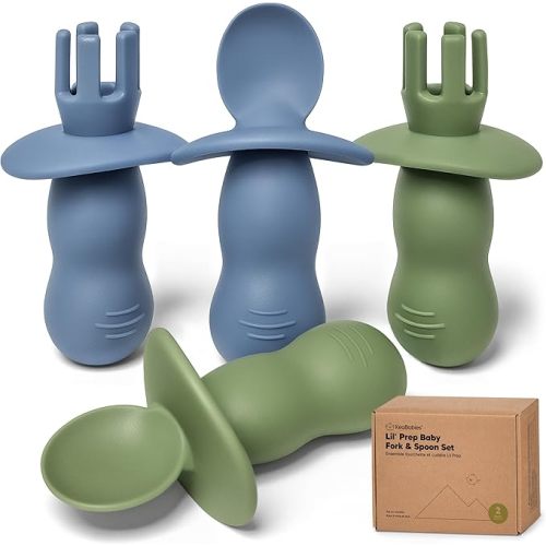 KeaBabies 4-Pack Silicone Baby Spoons and Forks Set - Baby Led Weaning Utensils 6-12 Months, Self Feeding Toddler Spoon & Fork for Training, Teething, Easy to Hold, BPA-Free Silicone (Slate)