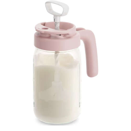 Papablic Glass Breastmilk Pitcher, Fast Baby Formula Maker with Mixing Handle Lid, Wide Mouth Mason Jar Breast Milk Storage Container with Flip-Lock Spout, BPA-Free, Pink.