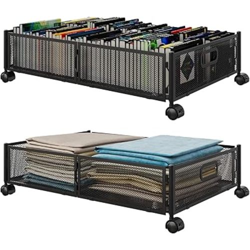 Under Bed Storage With Wheels Under bed Storage Containers Large Metal Foldable Space-saving Under Bed Drawer Shoe Storage Organizer on Wheels for Clothes(2 pieces, Black)