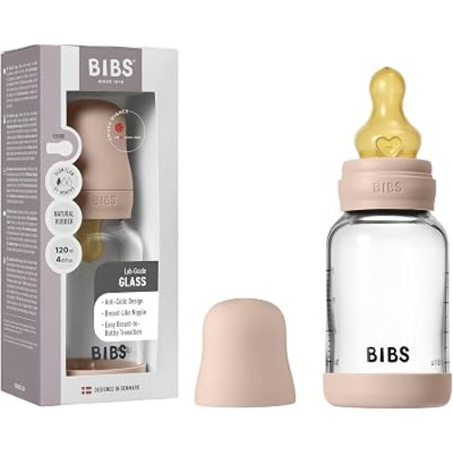 BIBS Glass Baby Bottle, 120 ml, 1-Pack, Natural Rubber Nipple, Blush