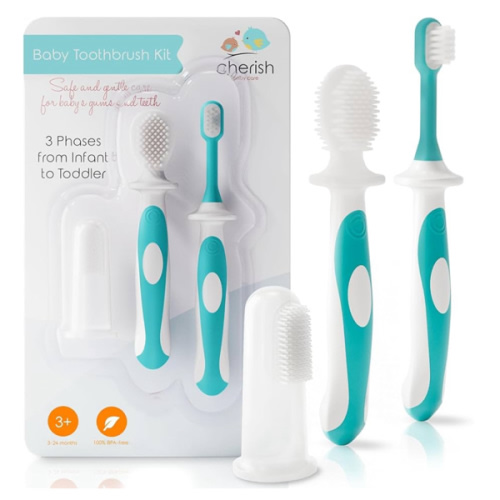 Cherish Baby Care Baby Toothbrush & Toddler Toothbrush Set (0-2 Years) - BPA-Free & Safety-Tested, 2023 Award Winner, Food-Grade Silicone (Teal)