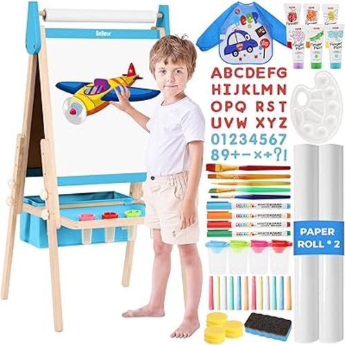 All-in-One Art Easel for Kids, Adjustable Double Sided Wooden Easel for Toddlers with Magnetic Whiteboard & Chalkboard, Paper Roll, Art Supplies, Child Painting Easel for Kid 2-8 Birthday Gift