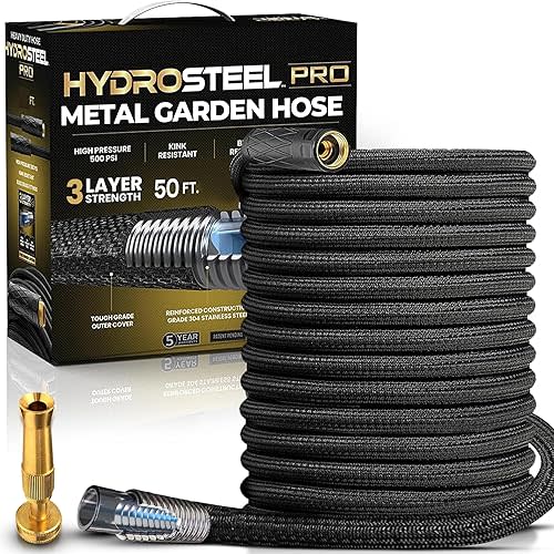 HYDROSTEEL PRO Metal Garden Hose 50 Ft, Rust Proof 304 Stainless Steel Water Hose with Brass Fittings, Flexible & Heavy Duty Hose, Lightweight, Kink Free, Tuyau Arrosage - 2024 Model