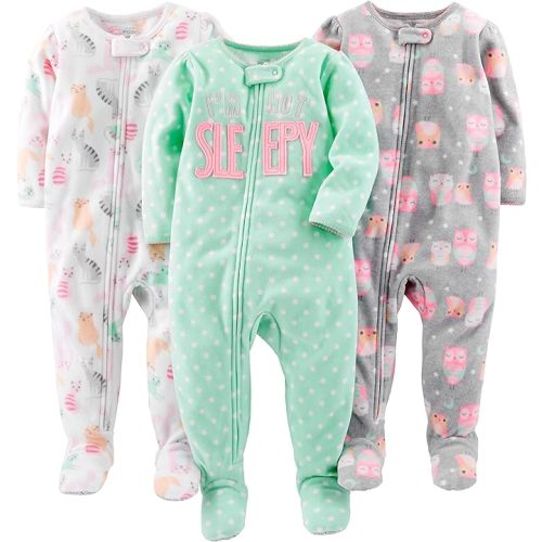 Simple Joys by Carter's Toddlers and Baby Girls' Loose-Fit Flame Resistant Fleece Footed Pajamas, Pack of 3